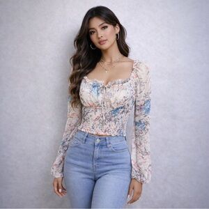 Floral Smocked Square Neck Long Sleeve Top - Cream Multi